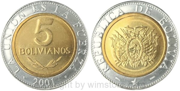 bolivien, 5 bolivianos 2001, 2004, km 212, bi metall