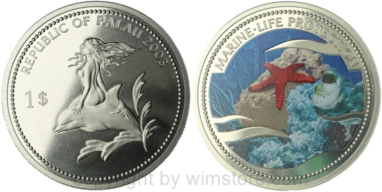 palau, 1 dollar 2003, seestern, km 256, ku/ni, pp, mit kapsel
