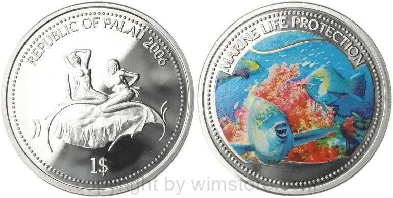 palau, 1 dollar 2006, papageifisch, km 126, ku/ni, pp, mit kapsel