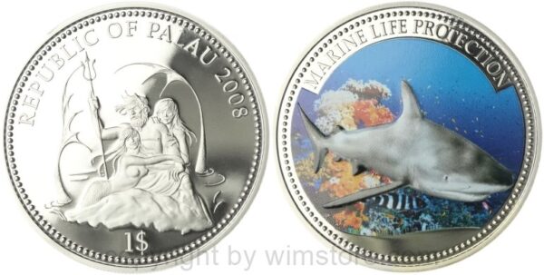 palau, 1 dollar 2008, weisser hai, km 449, ku/ni, pp, mit kapsel
