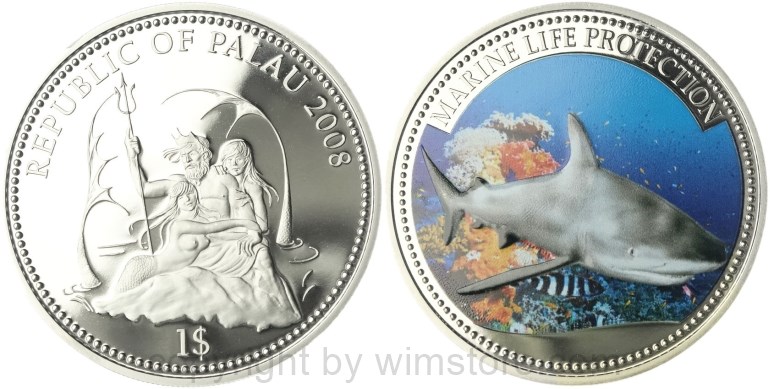 palau, 1 dollar 2008, weisser hai, km 449, ku/ni, pp, mit kapsel