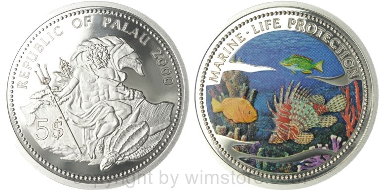 palau, 5 dollars 2000, feuerfisch, km 48, silber, pp, mit kapsel