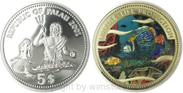 palau, 5 dollars 2001, angelfisch, silber, pp, mit kapsel
