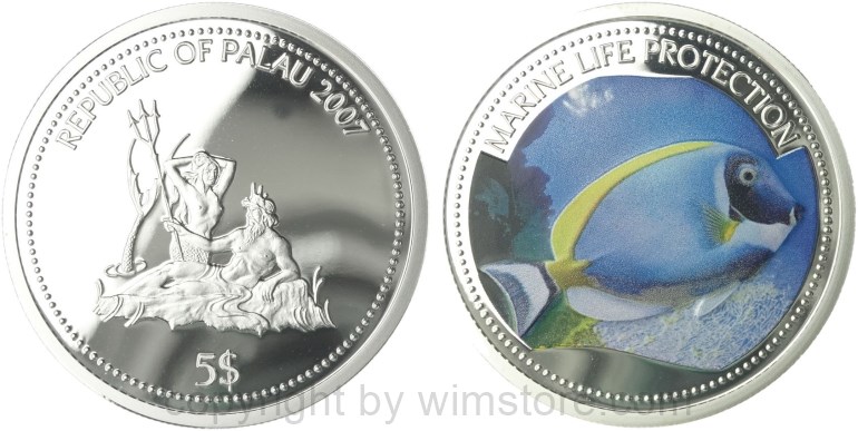 palau, 5 dollars 2007, doktorfisch, silber, pp, mit kapsel