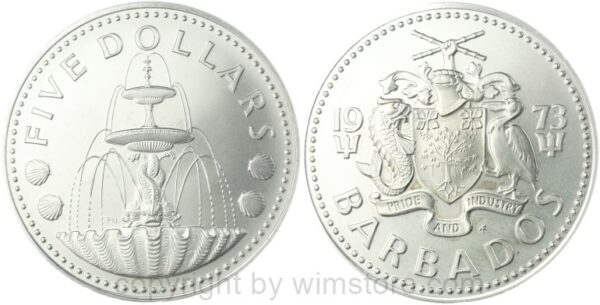 barbados, 5 dollars 1973, silber, 10 jahre unabhängigkeit, st, im wappenbereich etwas angelaufen barbados, 5 dollars 1973, silber, 10 jahre unabhängigkeit, st, im wappenbereich etwas angelaufen