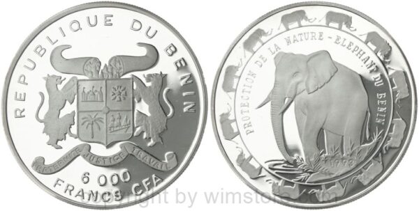 benin, 6000 francs 1993, naturschutz elefant, km 11, silber, pp