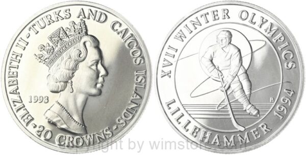 turks & caicos inseln, 20 crown 1993, olympische winterspiele in lillehammer hockey spieler, silber, ppii