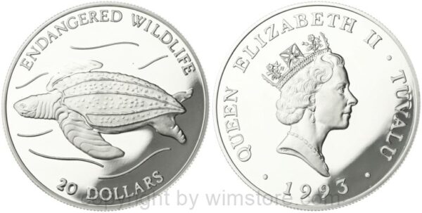 tuvalu, 20 dollars 1993, bedrohte tierwelt lederschildkröte, km 19, silber, pp