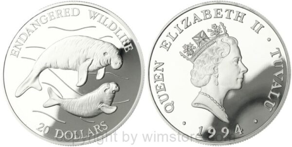 tuvalu, 20 dollars 1994, bedrohte tierwelt zwei seekühe, km 20, silber, pp