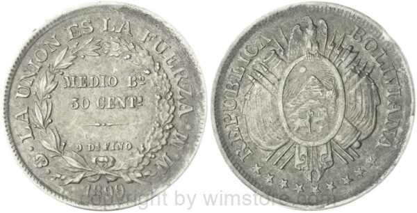 bolivien, 50 centavos (1/2 boliviano) 1893 pts c.b., km 161.5, silber, ss (kopie)