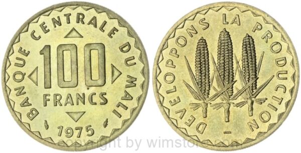 mali, 100 francs 1975, km 10, nickel/messing, st, leicht gedunkelt