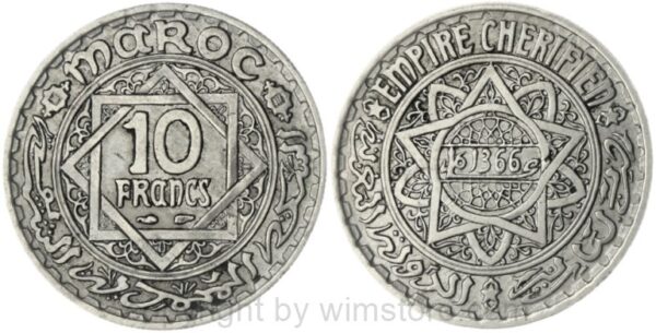 marokko, 10 francs ah1366/1947, y 44, ku/ni, ss