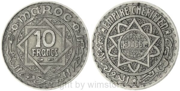 marokko, 10 francs ah1366/1947, y 44, ku/ni, ss