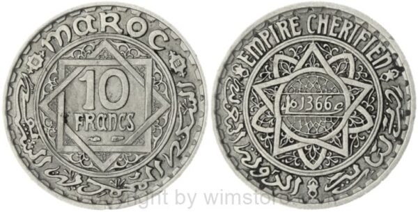 marokko, 10 francs ah1366/1947, y 44, ku/ni, ss