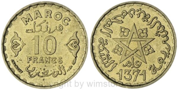 marokko, 10 francs ah1371/1952, y 49, alu/bro, vz
