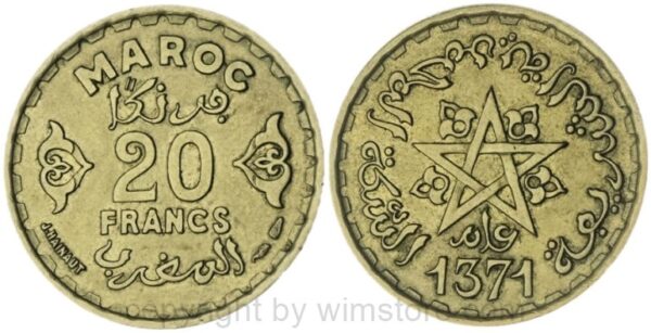 marokko, 20 francs ah1371/1952, y 50, alu/bro, ss