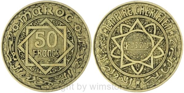 marokko, 50 francs ah1371/1952, y 51, alu/bro, vz