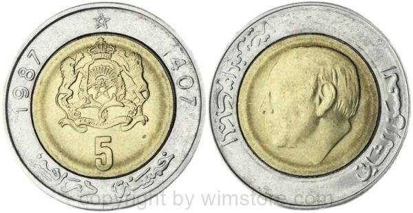 marokko, 5 dirhams ah1407/1987, y 82, bi metall, vz