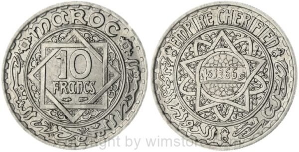 marokko, 10 francs ah1366/1947, y 44, ku/ni, ss