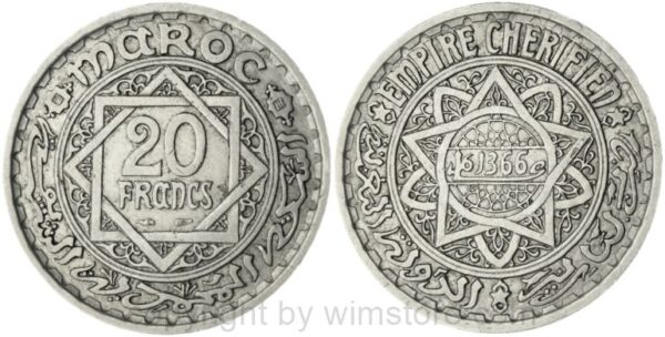 marokko, 20 francs ah1366/1947, y 45, ku/ni, ss