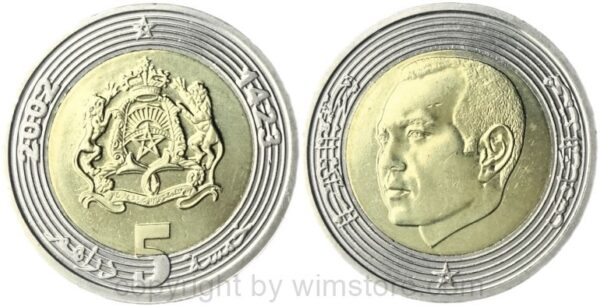 marokko, 5 dirhams ah1423/2002, y 109, bi metall, st