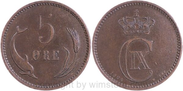 dänemark, 5 Öre 1904, km 794.2, bronze, ss, kl. rsn.