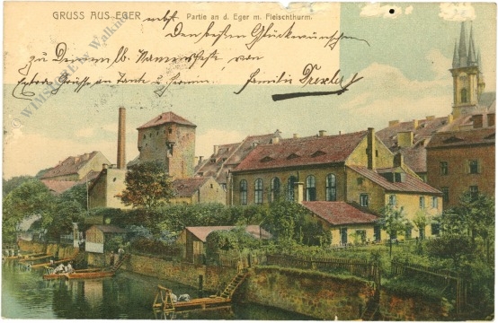 eger, gruss aus, partie an der eger mit fleischthurm eger, gruss aus, partie an der eger mit fleischthurm
