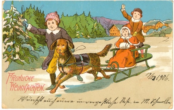 weihnachten: kinder mit hund und schlitten weihnachten: kinder mit hund und schlitten