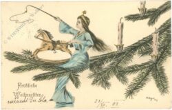 weihnachten: christkind mit schaukelpferd am tannenzweig