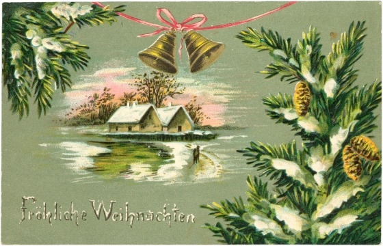 weihnachten: zwei häuser im winter mit glocken