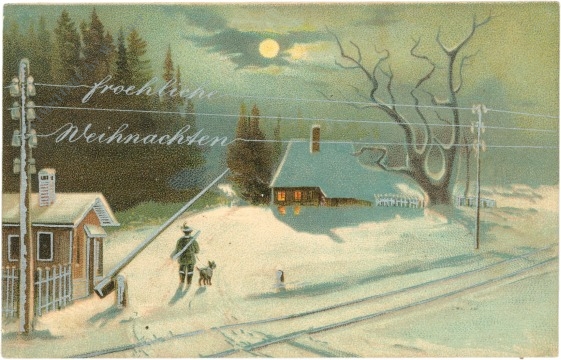 weihnachten: jäger in verschneiter winterlandschaft im mondlicht