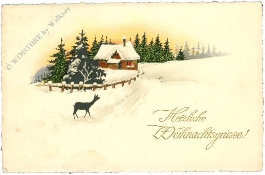 weihnachten: verschneites haus mit reh