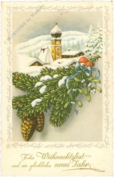weihnachten: verschneites dorf mit zweig