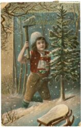 weihnachten: bub fällt den christbaum