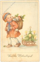 weihnachten: kind mit geschenken und christbaum