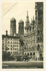 münchen, marienplatz, rathaus, mariensäule und frauenkirche