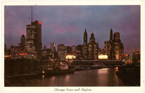 illinois, chicago, river and skyline at night illinois, chicago, river and skyline at night