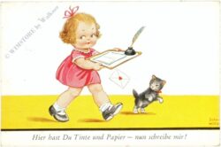 mädchen mit schreibset und katze