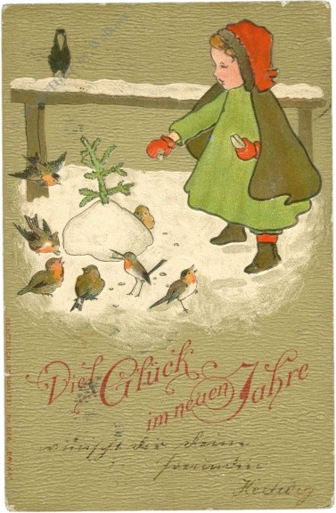 neujahr mädchen füttert vögel