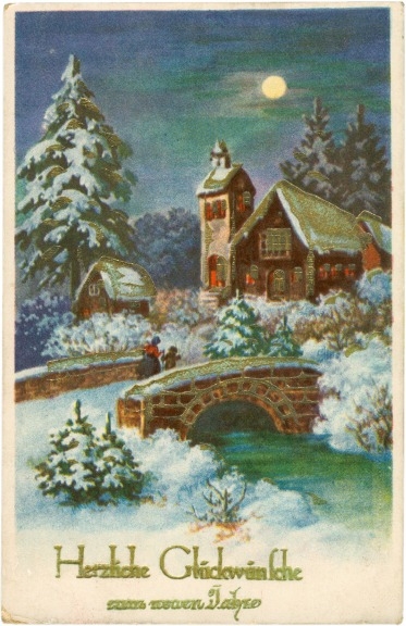 neujahr verschneites dorf
