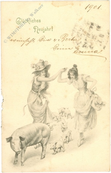 neujahr damen mit schweinefamilie