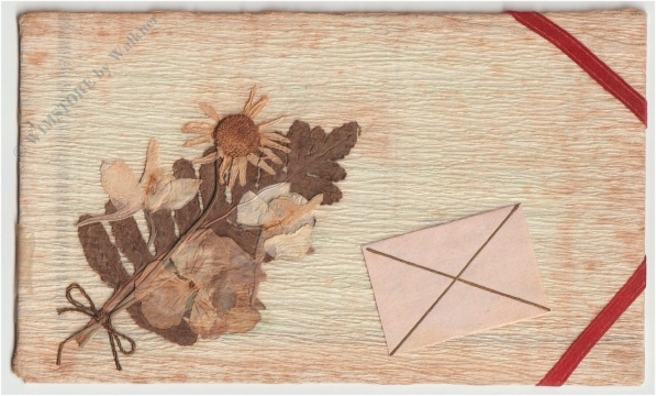 postkarte aus rinde mit getrockneten pflanzen