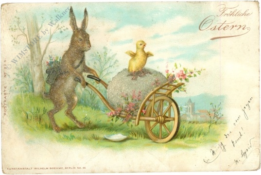 ostern hase mit schubkarre, ei und küken glitzersteine