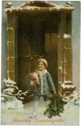 neujahr: kind mit glücksbringern und zweigen