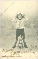 ostern kind mit eierschalenhut und hase