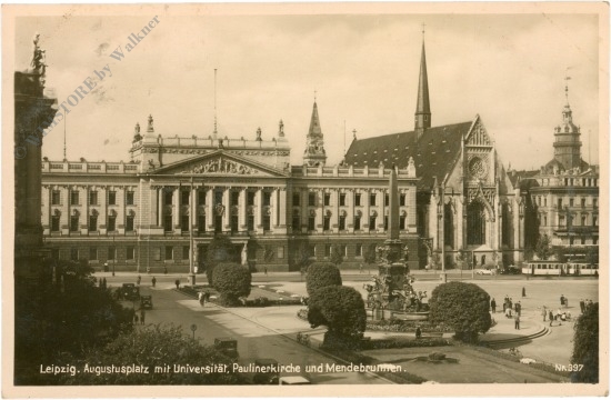 leipzig, augustusplatz mit universität, paulinerkirche und mendebrunnen