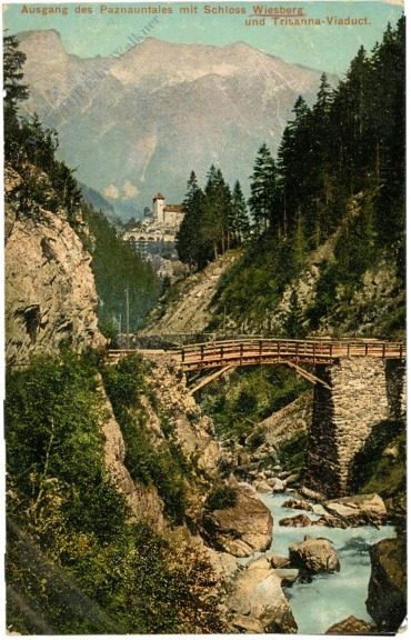 tobadill, ausgang des paznauntales mit schloss wiesberg und trisanna viadukt