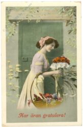glückwünsche, dame mit blumen