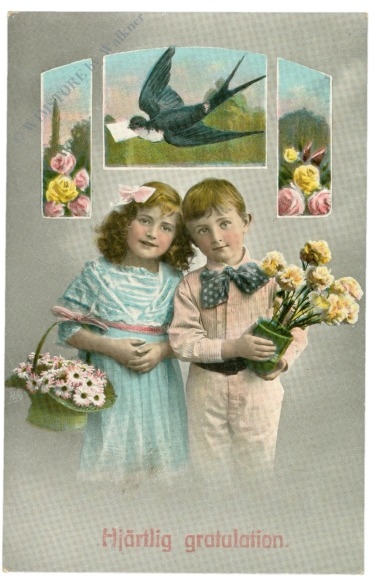glückwünsche, zwei kinder mit blumen