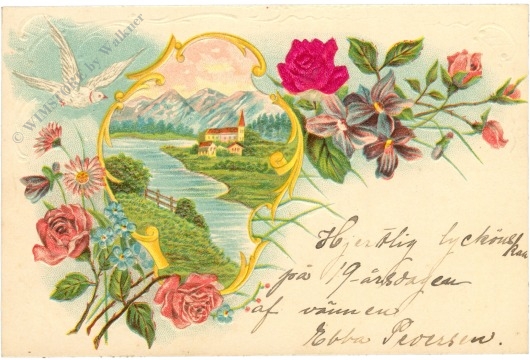 rosen mit blumen, taube und landschaft